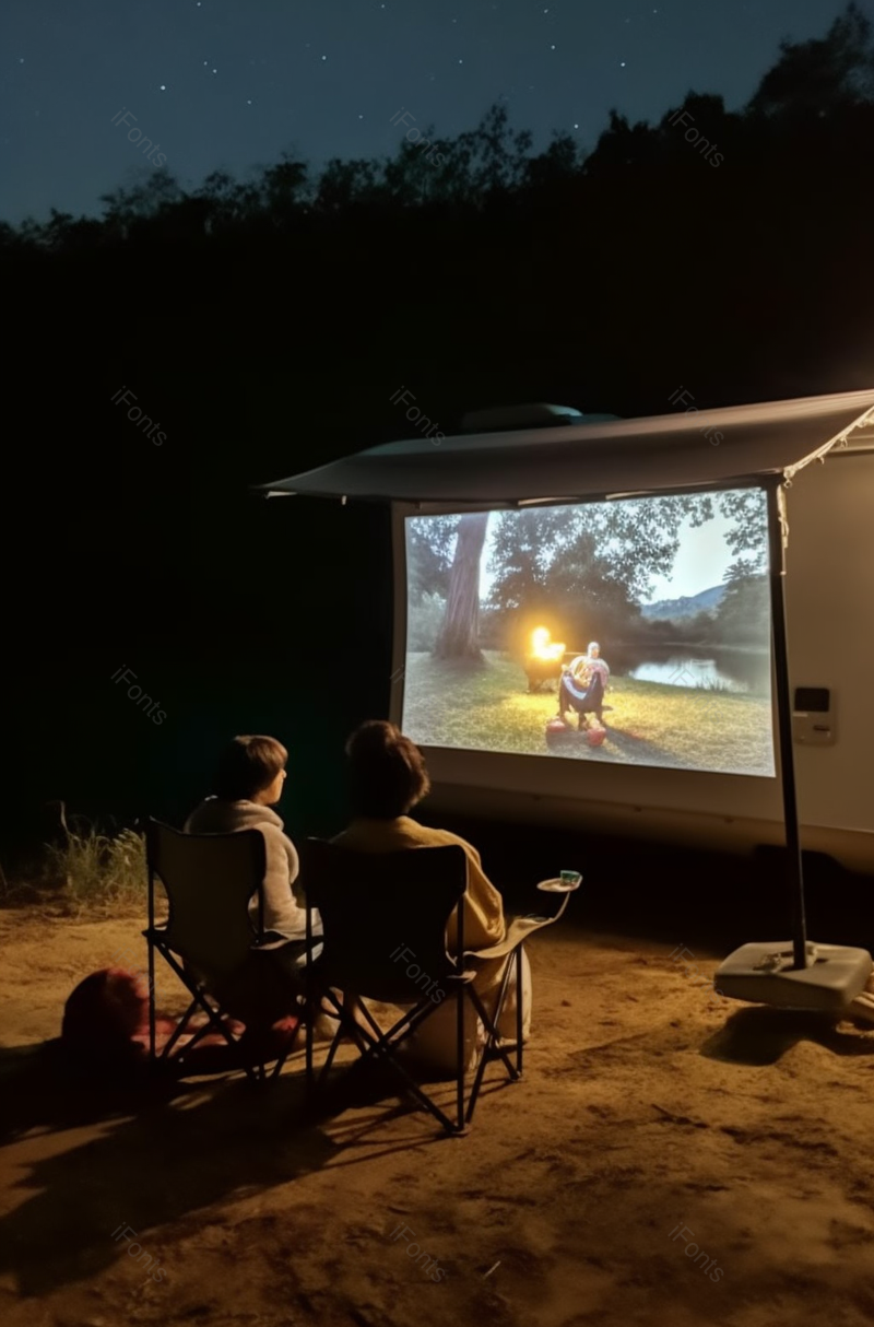 夜晚在户外露营的青年伴侣在看电影,高清,摄影图,摄影图片,图片大全,摄影图免费下载